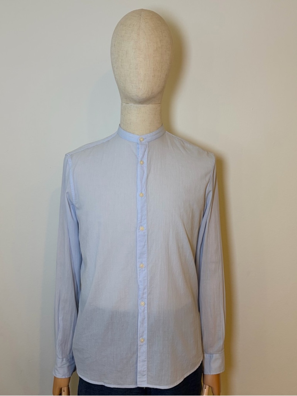 Zara Men's Light Blue Mandarin Collar Cotton Shirt - Size M